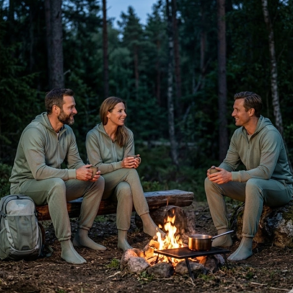 Family around a campfire in Bug Away mesh