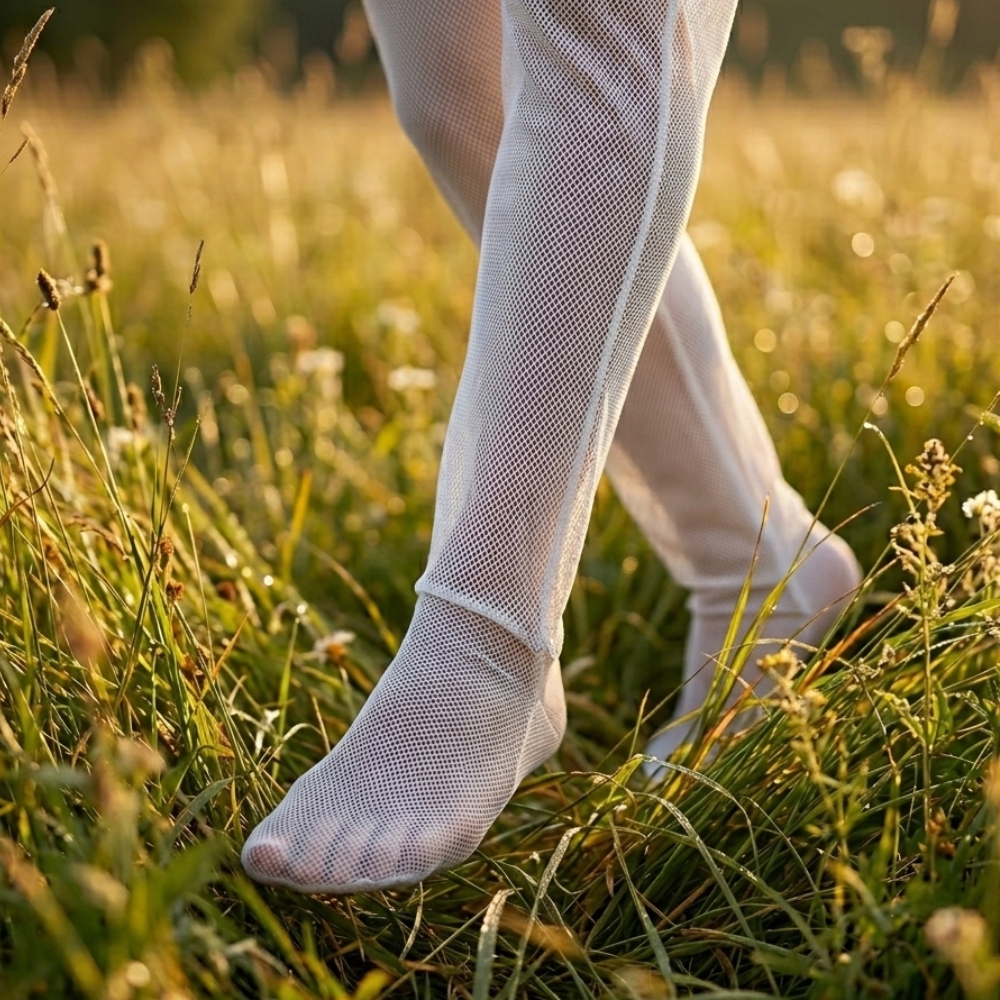 Bug Away pants with integrated foot cover in grass