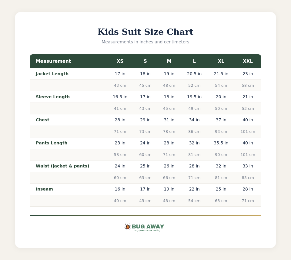 Kids size chart