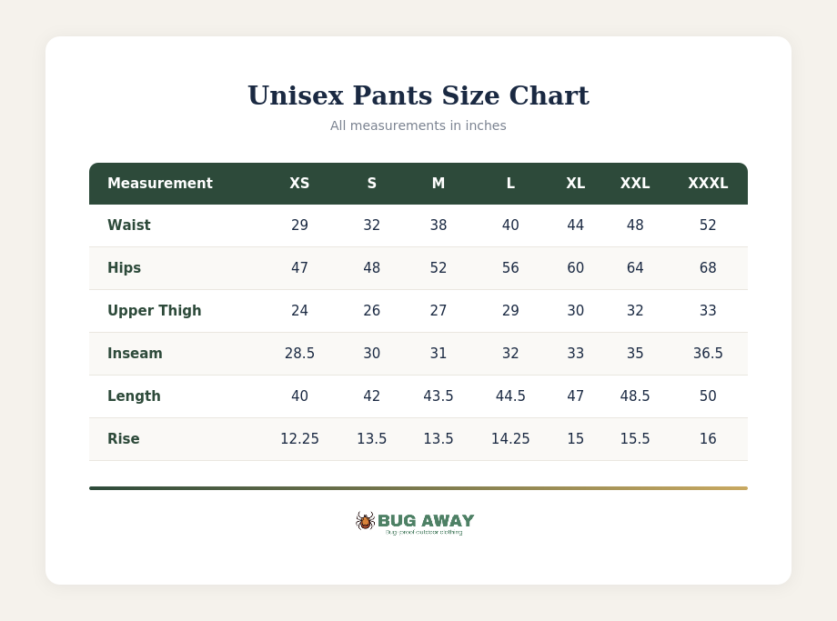 Pants size chart